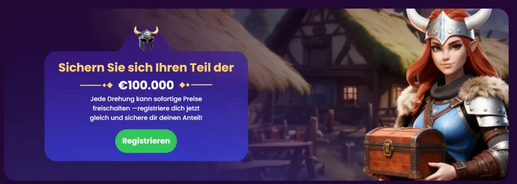 Spinando Casino Bonus Promotion mit bis zu 100000 Euro Gewinn und Registrierung Button