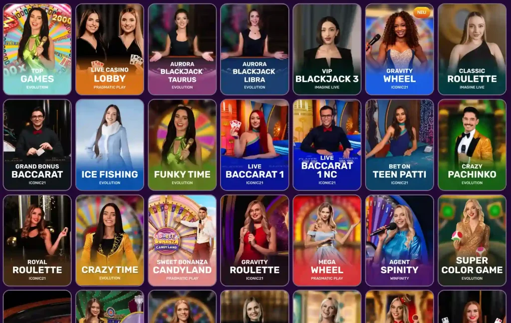 Spinando Casino Live Casino Spiele Auswahl mit Blackjack, Roulette und Game Shows