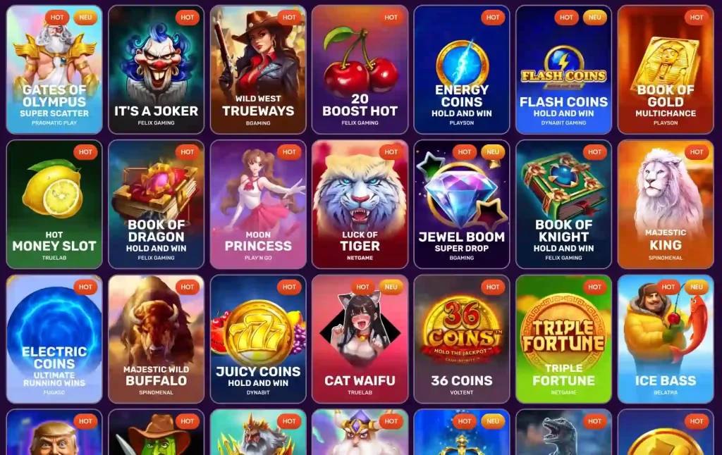 Spinando Casino Slot Spiele Auswahl mit verschiedenen Spielautomaten und Anbietern