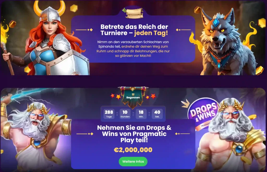 Spinando Casino Turniere und Drops Wins Event mit Preisgeld und täglichen Belohnungen